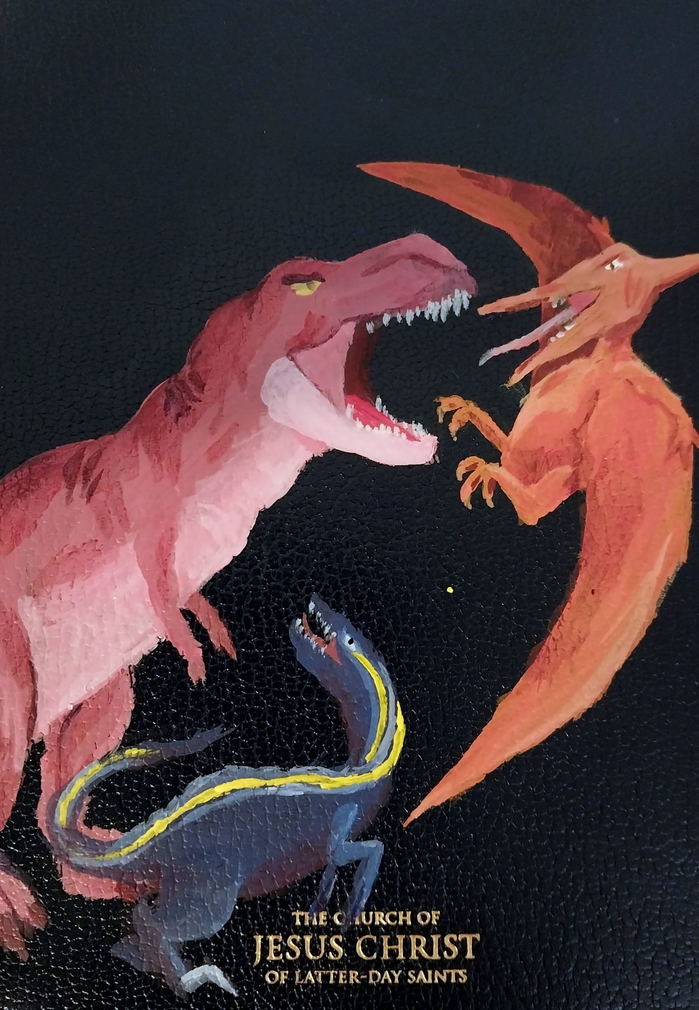 Creations (Dinosaurs) scripture cover — Gouache on hand-painted Book of Mormon cover