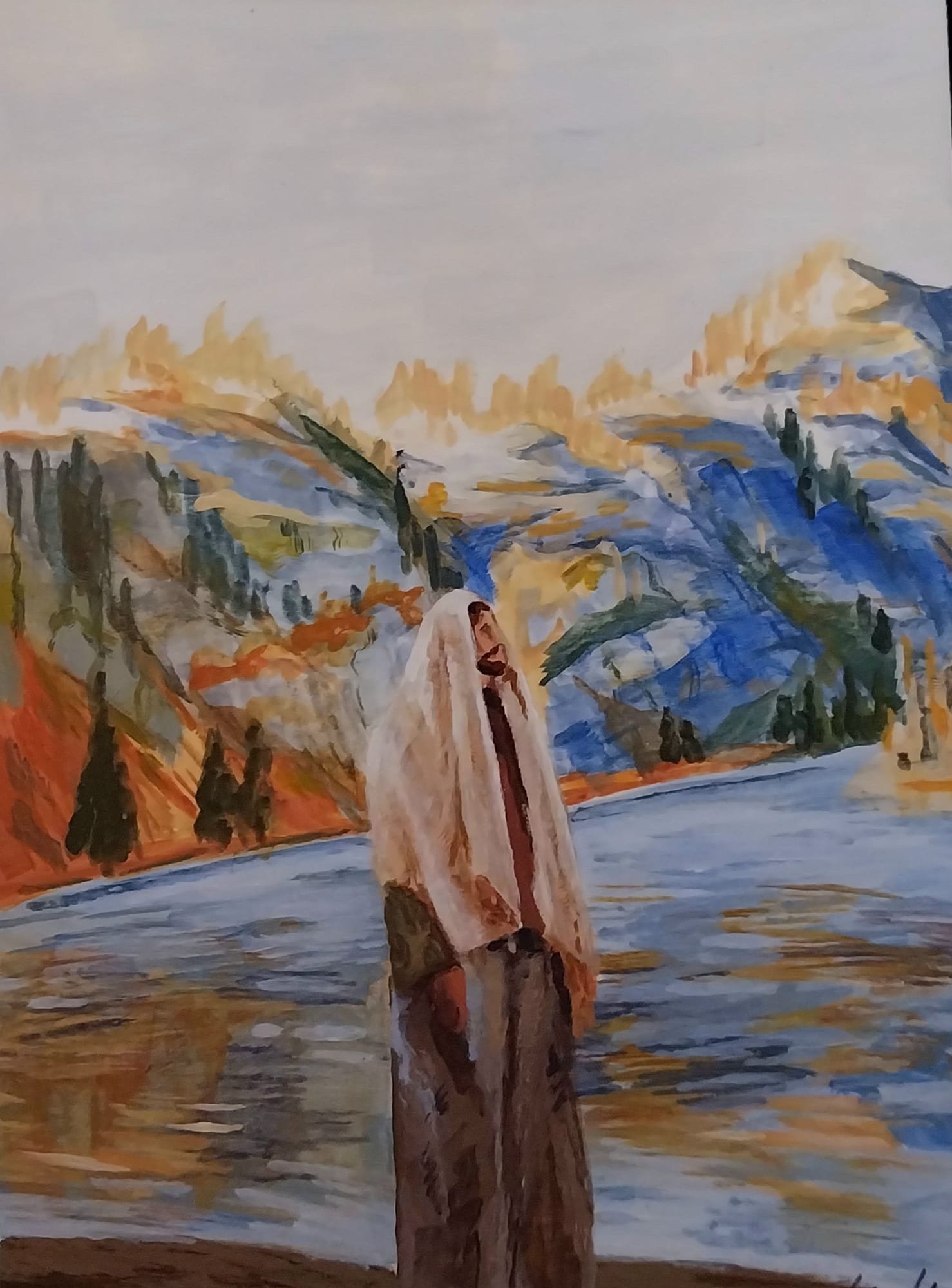 By the Mountain Lake — Gouache
