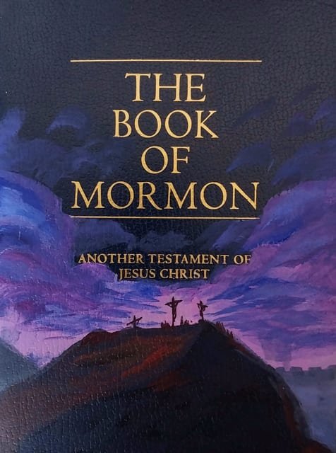 Golgotha at Dusk scripture cover — Gouache/acrylic on hand-painted Book of Mormon cover
