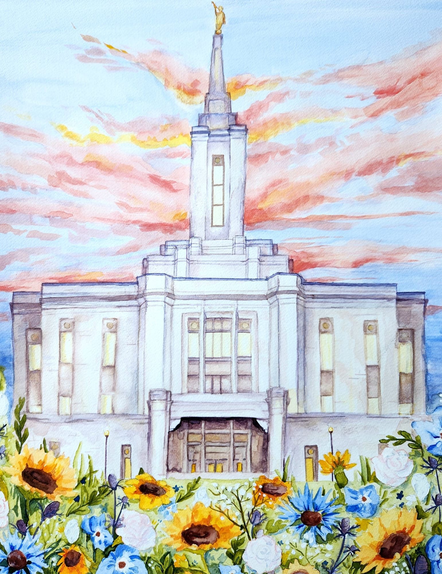 Temple at Sunrise with Sunflowers — Watercolor