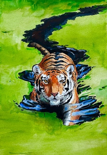 Tiger in Green Water — Gouache