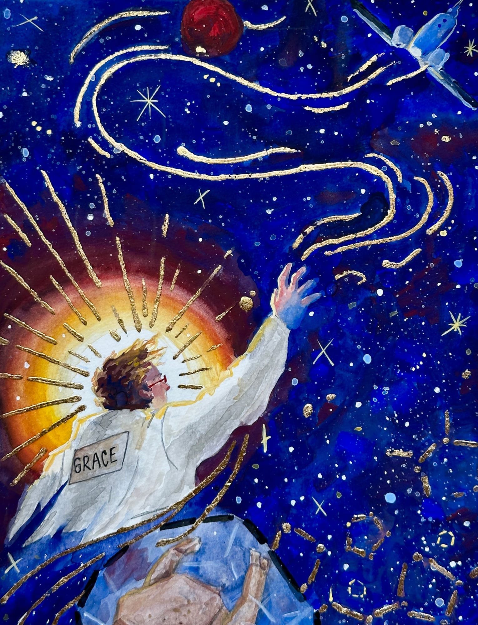 Grace Among the Stars — Gouache and gold leaf